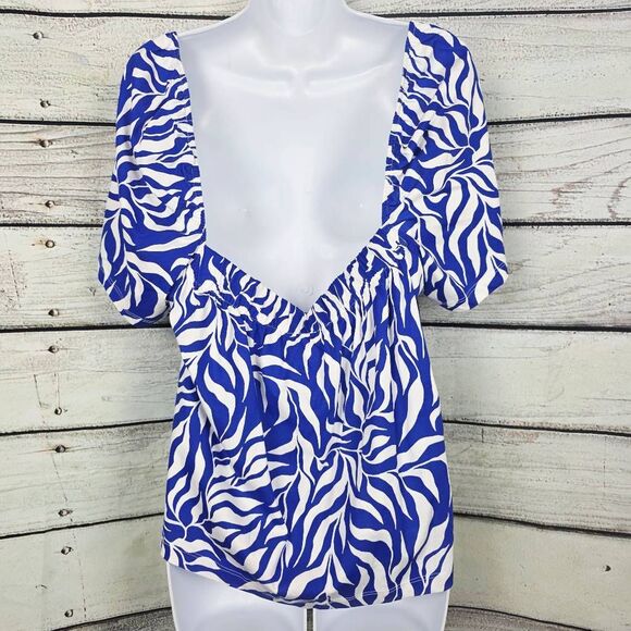 H&M Blue White Zebra Puff Sleeve Top XXL (NWT) - Picture 5 of 8